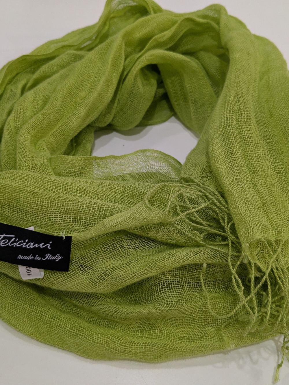 Feliciani Italy 100% Linen Scarf Lime Green Lightweight Fringe Wrap